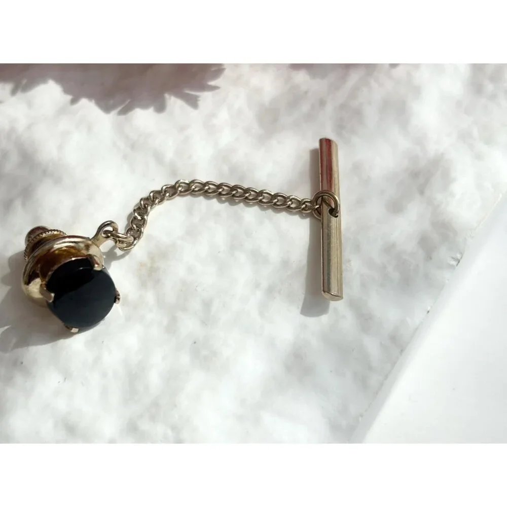 Faux Black Onyx Stone Silver Toned Vintage Men's Tie Tack